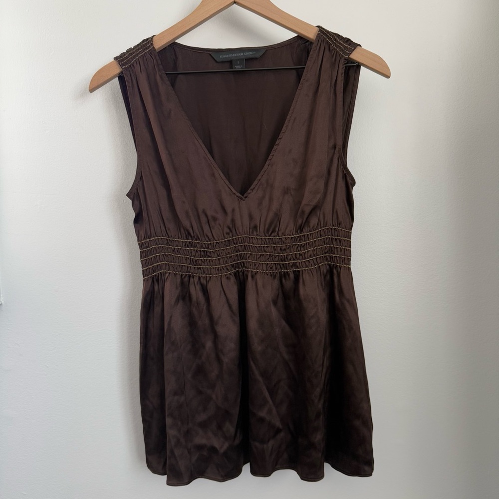 Express‎ Y2K Small Silk Blouse Peplum Babydoll Office Goblin Cinch Waist Brown